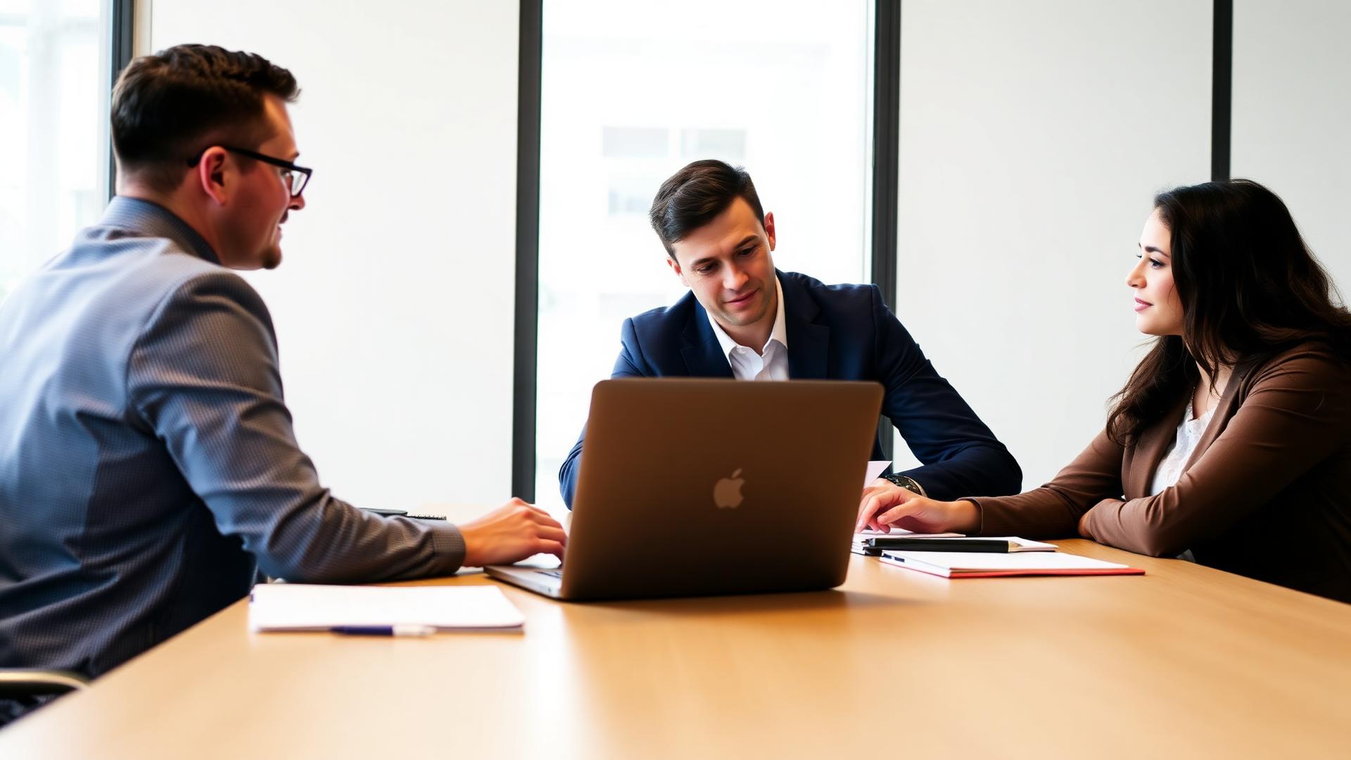 Three business colleagues reviewing financial results together at a laptop during a working session